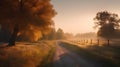 Autumn Landscape With A Dirt Road And Trees In Foggy Morning