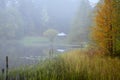 Autumn landscape in the early foggy morning on a beautiful lake with water lilies. Royalty Free Stock Photo