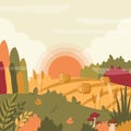 Autumn landscape. Fall Beautiful background with field, wheat and haystacks, sunset, dawn. Rural area. Nature template. Vector