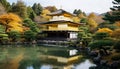 Autumn landscape, famous pagoda reflects ancient Japanese culture, generated by AI