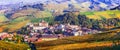 Autumn landscape - famous wine region in Piedmont. Barolo castle