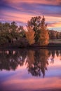 Autumn landscape. Fantastic dramatic colorful flaming sky, trees and reflections in the lake after amazing sunset in the park. Royalty Free Stock Photo