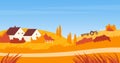Autumn landscape with farm house, road and tractor on agriculture field, village scene Royalty Free Stock Photo