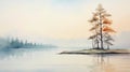 Serene Watercolor Painting Of A Forest Lake With Tree