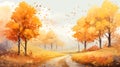 Serene Autumn Landscape Illustration With Colorful Falling Leaves Royalty Free Stock Photo