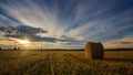 Autumn landscape in a field with hay in the evening, Russia, Ural