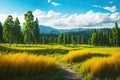 Autumn landscape with field with yellowed grass, trees, forest, mountains in the distance and a blue sky with white clouds. AI