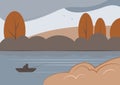 Autumn landscape. Flat concept. Background in muted tones. Forest lake.