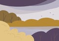 Autumn landscape. Background in muted tones. Wild forest lake. Vector illustration