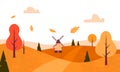 Autumn Landscape. Flat style. Fall trees, leaves, windmill. Vector