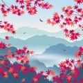 Autumn Landscape with Foggy Mountains and Japanese Maple Leaves