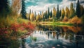 Autumn landscape forest, tree, water reflection, yellow and green leaf generated by AI Royalty Free Stock Photo