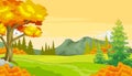 Autumn Landscape Forest View With Grass Field, Trees, and Mountain Range Cartoon Vector Illustration Royalty Free Stock Photo