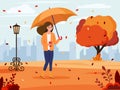 Autumn landscape. The girl goes under an umbrella. Autumn background. Vector illustration in flat style Royalty Free Stock Photo