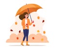 Autumn landscape. The girl goes under an umbrella. Autumn background. Vector illustration in flat style Royalty Free Stock Photo