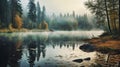 Autumn Landscape, Gloomy Misty Forest Lake, Reflection