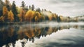 Autumn Landscape, Gloomy Misty Forest Lake, Reflection