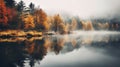 Autumn Landscape, Gloomy Misty Forest Lake, Reflection