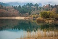 Autumn landscape with green waters of lake Tsivlos, Peloponnese, Greece Royalty Free Stock Photo