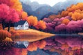 Autumn Landscape with House and Lake Illustration Royalty Free Stock Photo