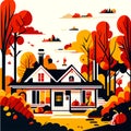 Autumn landscape with house and trees. Vector illustration in flat style generative AI