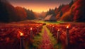 Autumn Landscape with Huts and Fiery Pathway Royalty Free Stock Photo