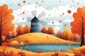 Autumn Landscape Illustration with Windmill, Trees and Pond Royalty Free Stock Photo