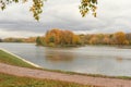 Autumn landscape, island in the lake, panorama of island with trees in autumn colors. Colorful autumn scenery