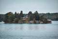 Autumn landscape in the 1000 islands. Houses, boats and islands. Lake Ontario, Canada USA