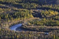 Autumn landscape of Kurai steppe with Chuya river, mountain forest of Siberia and sunny beams of Altai background. Autumn Russia Royalty Free Stock Photo