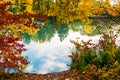 Autumn landscape at lake, blue sky clouds reflected in water
