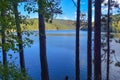 Autumn landscape with a lake in the forest, trees and blue sky, Royalty Free Stock Photo