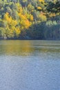 Autumn landscape with a lake in the forest, trees and blue sky Royalty Free Stock Photo