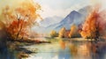 Autumn landscape with lake and mountains. Digital watercolor painting. Royalty Free Stock Photo