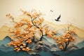 Autumn landscape with lake and mountains. Paper art style. Vector illustration