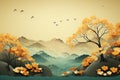 Autumn landscape with lake and mountains. Paper art style. Vector illustration