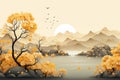 Autumn landscape with lake and mountains. Paper art style. Vector illustration