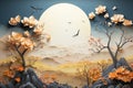 Autumn landscape with lake and mountains. Paper art style. Vector illustration