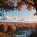 Autumn landscape with lake and trees in fog made with Generative AI