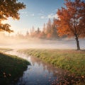Autumn landscape with lake and trees in fog made with Generative AI