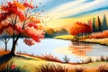 Autumn landscape with lake, trees, and sunset. Vector illustration, abstract nature scenery, landscape wallpaper Royalty Free Stock Photo