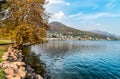 Autumn landscape of Lavena Ponte Tresa located on the western shore of lake Lugano-Ceresio.. Royalty Free Stock Photo