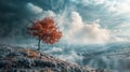 Autumn landscape with a lonely tree in the mountains. Dramatic sky Royalty Free Stock Photo