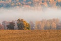 Autumn landscape with morning fog in Central Russia.