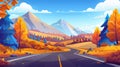 An autumn landscape with a mountain valley, a highway road, forests, orange trees, and grass. A countryside scene with Royalty Free Stock Photo