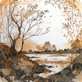 Autumn landscape, mountain walley with orange leaves and yellow grass, watercolor style, AI generative illustration