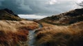 Autumn landscape, mountain walley with river, orange leaves and yellow grass, overcast stormy sky, AI generative