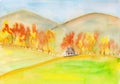 Autumn landscape with mountains, forest and a house in the field. watercolor illustration for prints, wallpapers, cards and Royalty Free Stock Photo