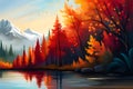 Autumn landscape with mountains, forest and lake, pine trees reflected in water, illustration, generative ai Royalty Free Stock Photo
