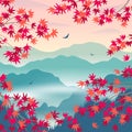 Autumn Landscape with Mountains and Japanese Maple Branches